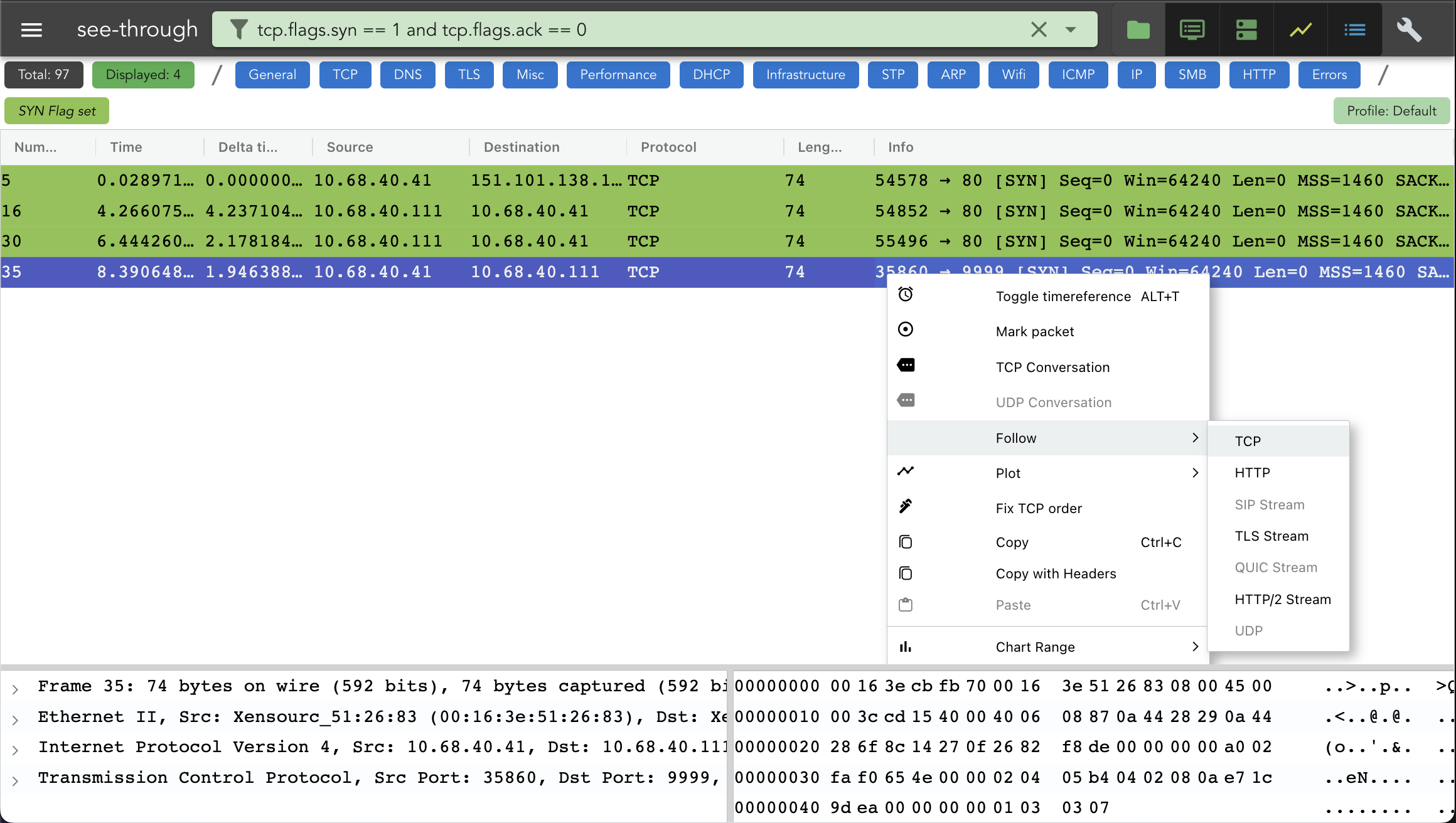 Right-click context menu on packet 35 in PacketSafari with the Follow submenu open and TCP highlighted